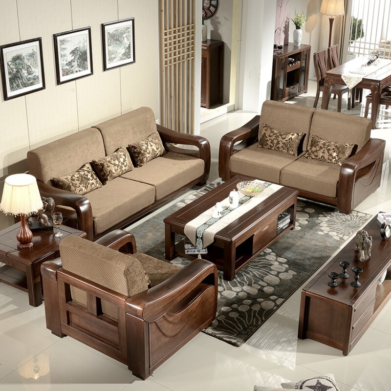 中式沙发 现代中式实木沙发黑胡桃木沙发23组合套装客厅实木家具 贵族金 单人
